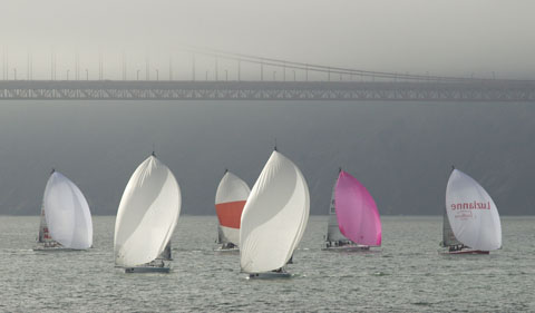 Melges 32 fleet in the fog near Blackaller