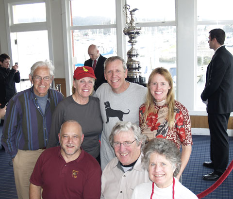 Two Scoops crew in front of the America's Cup