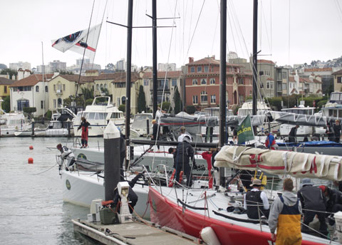 Med-tied boats cast off their moorings